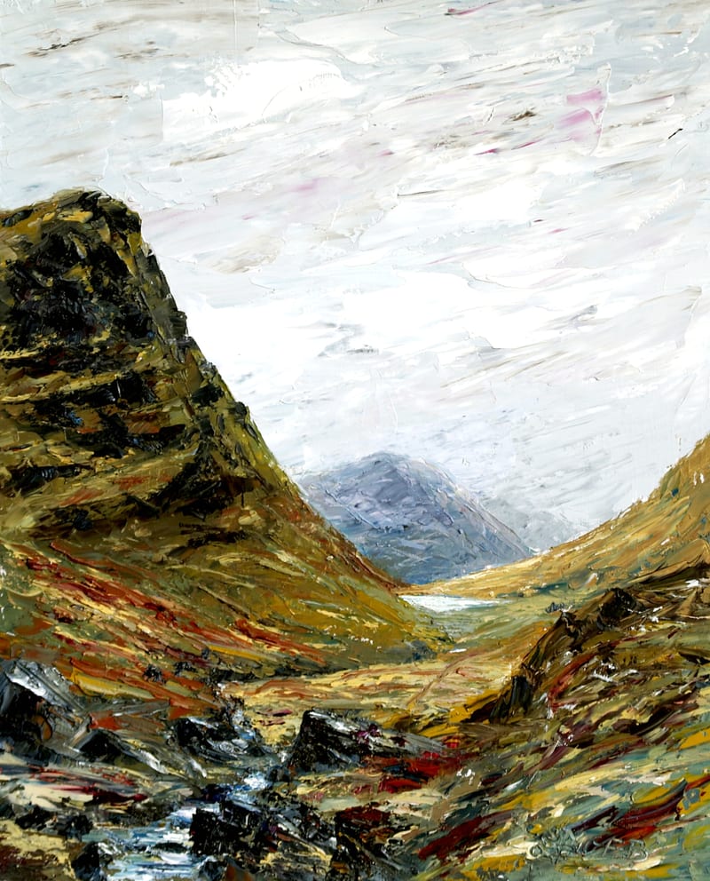 Expressive painting of a Highland glen used as the artwork for Hill Country